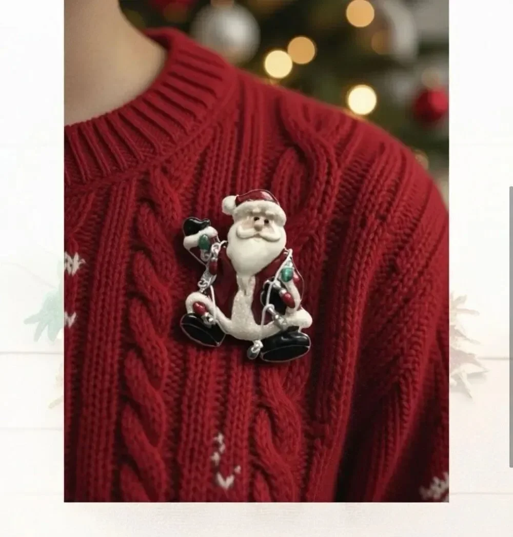 Silver Tone Glitter Enamel Santa Claus String Lights Brooch Pin Christmas
